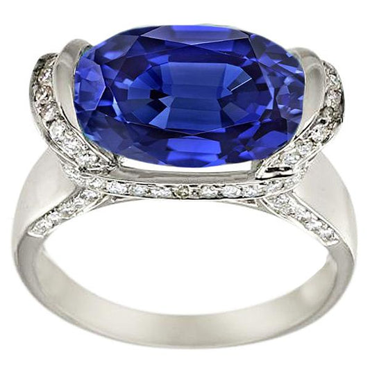 Round Natural Earth Mined Diamond & Oval Cut Blue Sapphire Ring Bar Setting 5.50 Carats - Gemstone Ring -harrychadent.ca