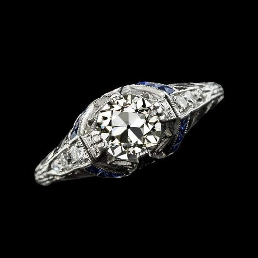 Anniversary Ring Old Cut Round Diamond & Blue Sapphires 2.50 Carats - Anniversary Ring-harrychadent.ca