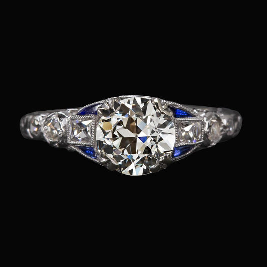 Ladies Round Old Cut Diamond Ring With Baguette Sapphires 3.50 Carats - Anniversary Ring-harrychadent.ca