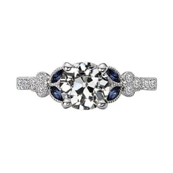 Old Miner Natural Earth Mined Diamond & Marquise Blue Sapphire Ring Vintage Style 4 Carats