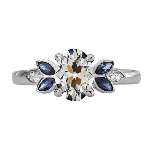 Oval Old Cut Diamond & Marquise Blue Sapphires Ring 6.50 Carats - Anniversary Ring-harrychadent.ca