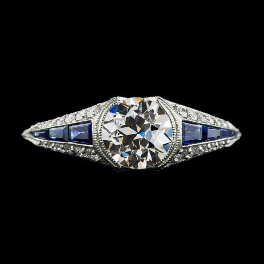 Round Old Cut Diamond & Blue Sapphires Ring Half Bezel Set 3.50 Carats - Anniversary Ring-harrychadent.ca