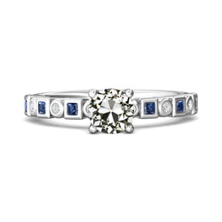 Round Old Cut Natural Earth Mined Diamond & Princess Blue Sapphire Ring 4.50 Carats