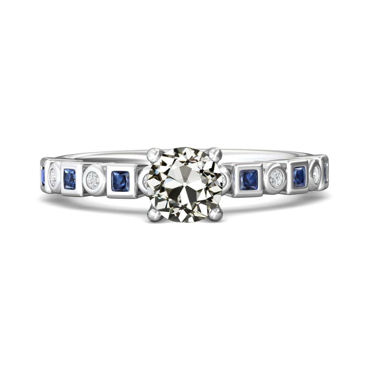 Round Old Cut Diamond & Princess Blue Sapphire Ring 4.50 Carats - Anniversary Ring-harrychadent.ca