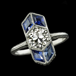 Round Old Miner Natural Earth Mined Diamond Ring & Baguette Blue Sapphires 3.50 Carats