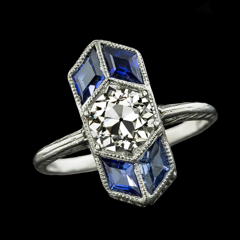 Round Old Miner Diamond Ring & Baguette Blue Sapphires 3.50 Carats - Anniversary Ring-harrychadent.ca