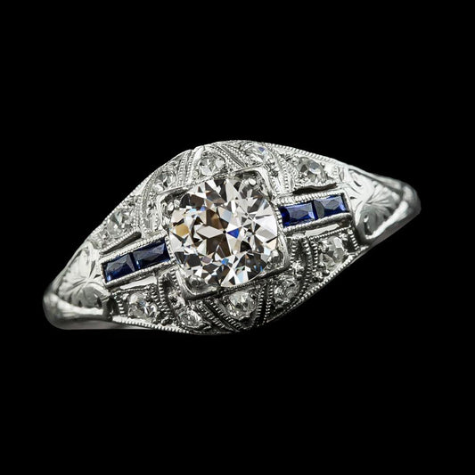 Round Old Miner Diamond Sapphire Ring Milgrain Shank 2.50 Carats - Anniversary Ring-harrychadent.ca