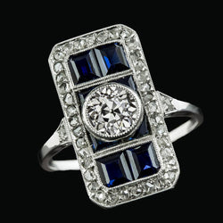 Wedding Ring Round Old Miner Natural Earth Mined Diamonds Baguette Blue Sapphire 4 Carats