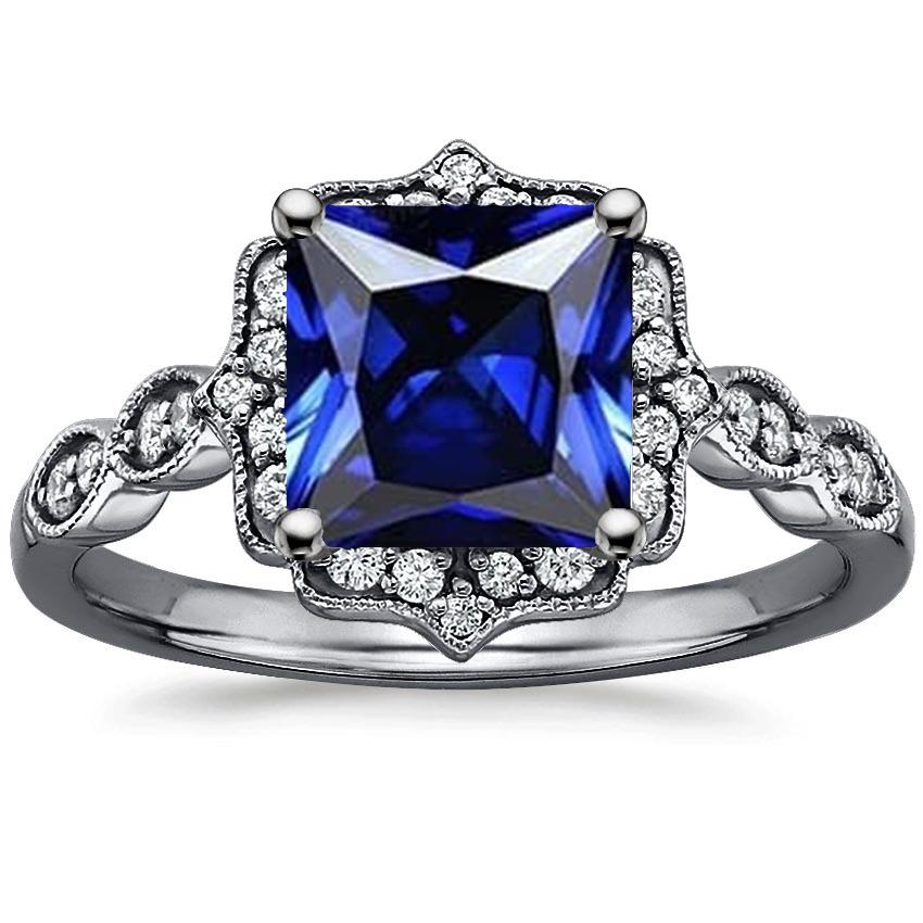 Blue Sapphire Diamond Halo Ring Princess Cut Vintage Style 6 Carats - -harrychadent.ca