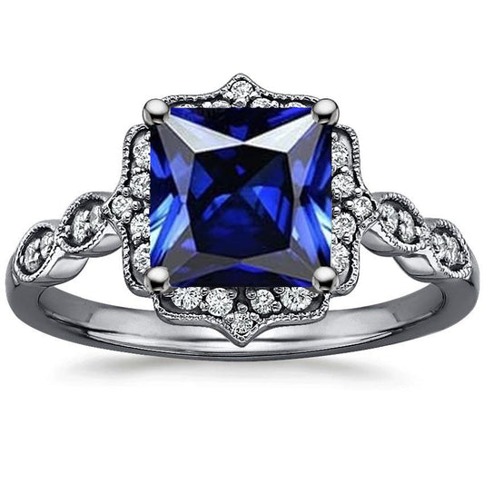 Blue Sapphire Diamond Halo Ring Princess Cut Vintage Style 6 Carats - -harrychadent.ca