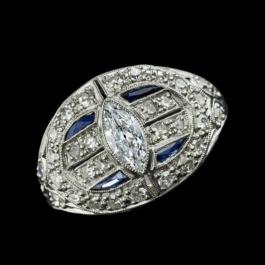 Marquise Old Miner Diamond & Blue Sapphire Ring Milgrain 3.25 Carats - Engagement Ring-harrychadent.ca