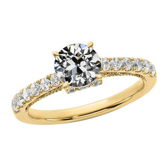 Round Old Mine Cut Diamond Ring Fishtail Set Jewelry 3 Carats Yellow Gold - Engagement Ring-harrychadent.ca