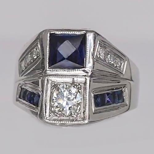 Round Old Mine Cut Diamond Ring & Princess Blue Sapphire 3.75 Carats - Engagement Ring-harrychadent.ca