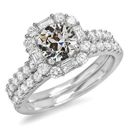 Halo Engagement Ring Set Baguette & Round Old Cut Natural Earth Mined Diamond 6.50 Carats