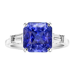 14K Gold 3 Stone Ring Radiant Sapphire & Baguette Natural Earth Mined Diamonds 3.50 Carats