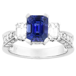 14K Gold Gemstone Emerald Sapphire Ring 3 Carats 3 Stone Style Accents