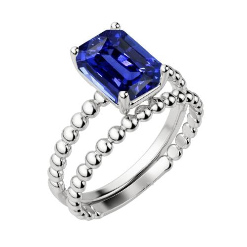 2 Carats Solitaire Emerald Sapphire Engagement Ring Set Beaded Style - Gemstone Ring-harrychadent.ca