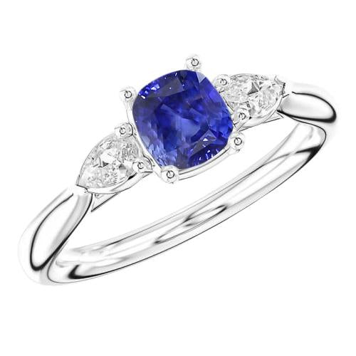 2 Carats Three Stone Pear Diamond Cushion Ceylon Sapphire Ring - Gemstone Ring-harrychadent.ca