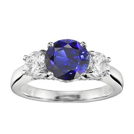 2 Carats Three Stone Ring Round Natural Blue Sapphire & Diamonds - Gemstone Ring-harrychadent.ca