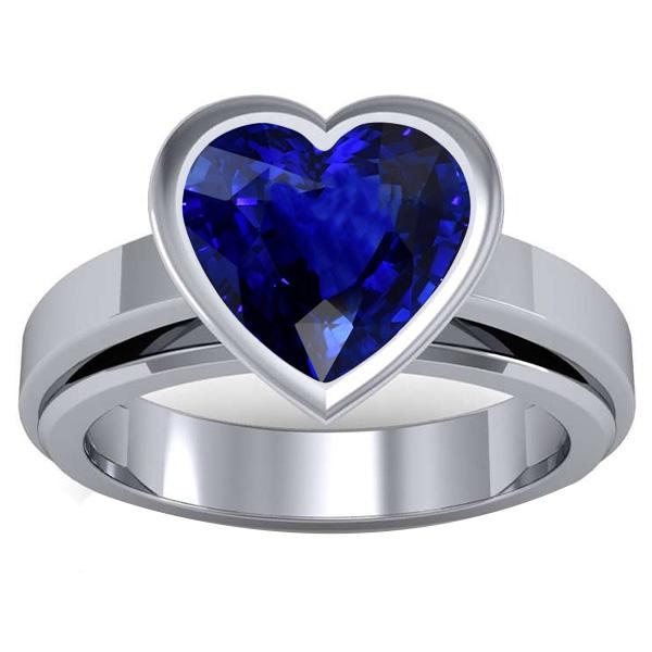 3 Carats Blue Sapphire Solitaire Ring Heart Shaped Bezel Set Gold 14K - Gemstone Ring-harrychadent.ca