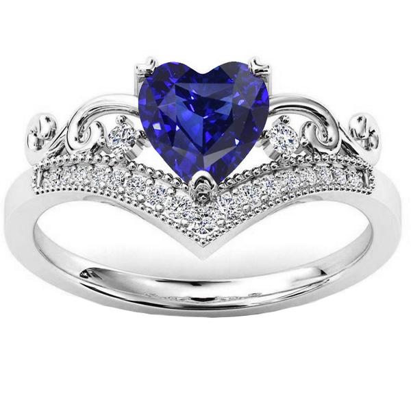 3 Carats Diamond Heart Ring Ceylon Sapphire Crown Style White Gold - Gemstone Ring-harrychadent.ca