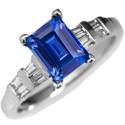 3 Carats Gold Emerald Ceylon Sapphire Ring With Baguette Diamonds - Gemstone Ring-harrychadent.ca