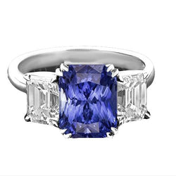 3 Carats Three Stone Emerald Natural Earth Mined Diamond & Radiant Shape Sapphire Ring
