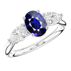 3 Carats Three Stone Oval Deep Blue Sapphire & Pear Natural Earth Mined Diamonds