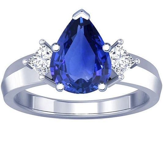 3 Stone Anniversary Ring Pear Ceylon Sapphire & Diamonds 3.50 Carats - Gemstone Ring-harrychadent.ca
