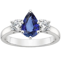 3 Stone Anniversary Ring Pear Ceylon Sapphire & Diamonds 4.50 Carats