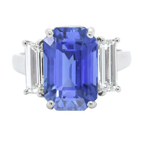 3 Stone Anniversary Ring White Gold Emerald Cut Blue Sapphire 4 Carats - Gemstone Ring-harrychadent.ca