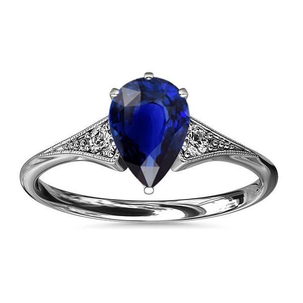 3 Stone Antique Style Blue Pear Sapphire Ring & Diamonds 3.25 Carats - Gemstone Ring-harrychadent.ca