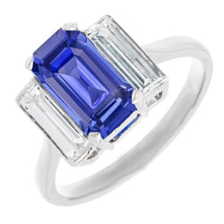 3 Stone Baguette Natural Earth Mined Diamond Blue Sapphire Emerald Cut Ring 3.50 Carats