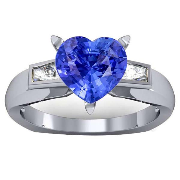 3 Stone Baguette Diamond & Blue Sapphire Heart Shaped Ring 2.75 Carats - Gemstone Ring-harrychadent.ca