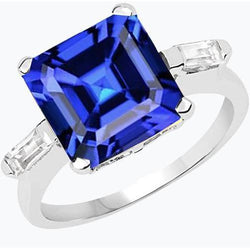 3 Stone Baguette Natural Earth Mined Diamond Ring Asscher Ceylon Blue Sapphire 4 Carats