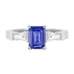 3 Stone Baguette Natural Earth Mined Diamonds Blue Sapphire Ring Emerald Cut 1.75 Carats