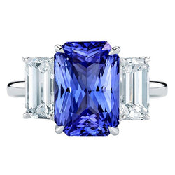 3 Stone Blue Sapphire Ring Emerald Cut Natural Earth Mined Diamonds Prong Set 5.50 Carats
