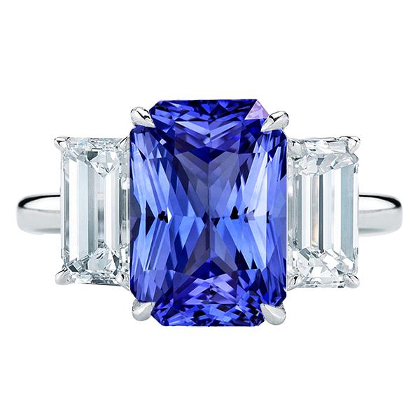 3 Stone Blue Sapphire Ring Emerald Cut Diamonds Prong Set 5.50 Carats - Gemstone Ring-harrychadent.ca