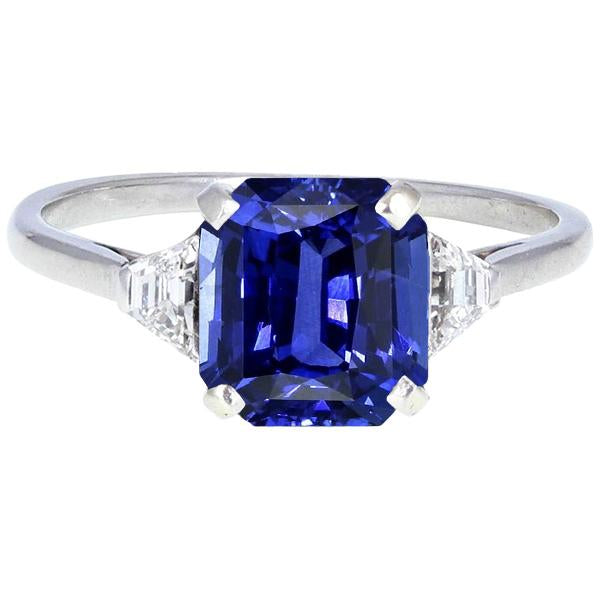 3 Stone Blue Sapphire Ring Emerald & Trapezoid Diamonds 3.50 Carats - Gemstone Ring-harrychadent.ca