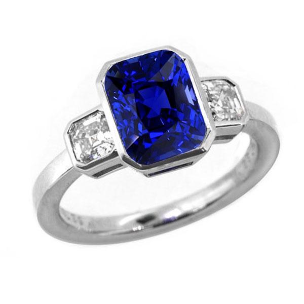 3 Stone Cushion Bezel Set Blue Sapphire & Diamond Ring 3.50 Carats - Gemstone Ring-harrychadent.ca