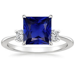 3 Stone Natural Earth Mined Diamond & Princess Blue Sapphire Ring Tapered Shank 5.50 Carat