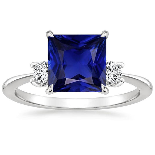 3 Stone Diamond & Princess Blue Sapphire Ring Tapered Shank 5.50 Carat - Gemstone Ring-harrychadent.ca