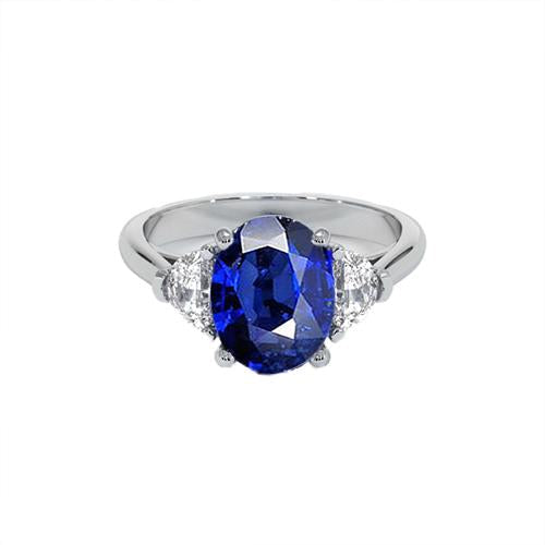 3 Stone Diamond Ring With Oval Deep Blue Sapphire 8.25 Carats Gold 14K - Gemstone Ring-harrychadent.ca