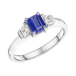 3 Stone Emerald Blue Sapphire Ring & Trapezoid Natural Earth Mined Diamonds 1.50 Carats