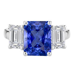 3 Stone Emerald Natural Earth Mined Diamond Ring Gold Blue Sapphire Radiant 4.50 Carats