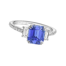 3 Stone Emerald Srilanka Sapphire Ring & Pave Set Natural Earth Mined Diamonds 3.50 Carats