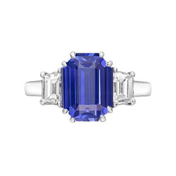 3 Stone Emerald & Trapezoid Natural Earth Mined Diamond Ceylon Sapphire Ring 3 Carats