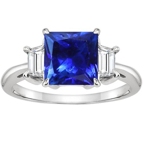 3 Stone Gold Ring Princess Blue Sapphire & Trapezoid Diamonds 4 Carats - Gemstone Ring-harrychadent.ca