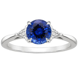 3 Stone Gold Ring Round Blue Sapphire & Trillion Natural Earth Mined Diamonds 2.50 Carats