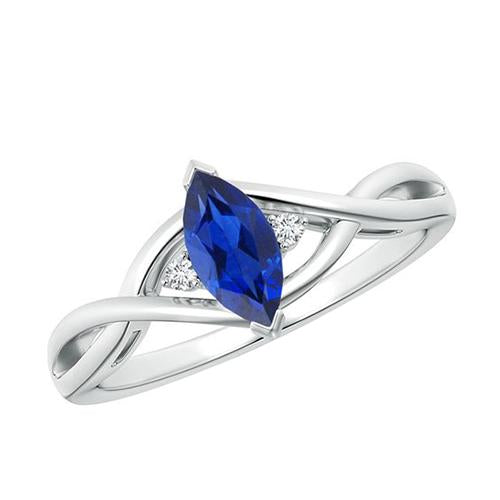 3 Stone Gold Small Diamond And Marquise Sapphire Ring 1.25 Carats New - Gemstone Ring-harrychadent.ca